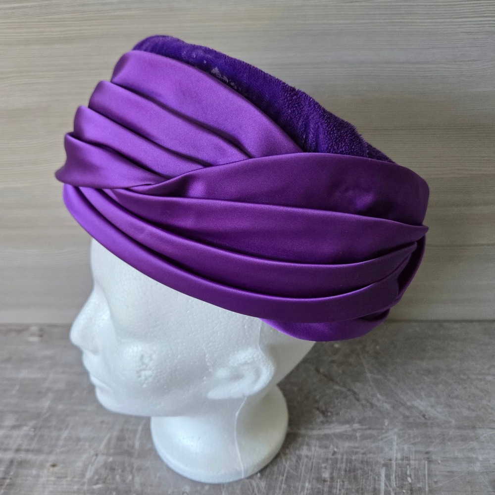 Vintage 60s Purple Turban Pillbox Hat Satin Faux Fur Pleated Mod Union Made USA